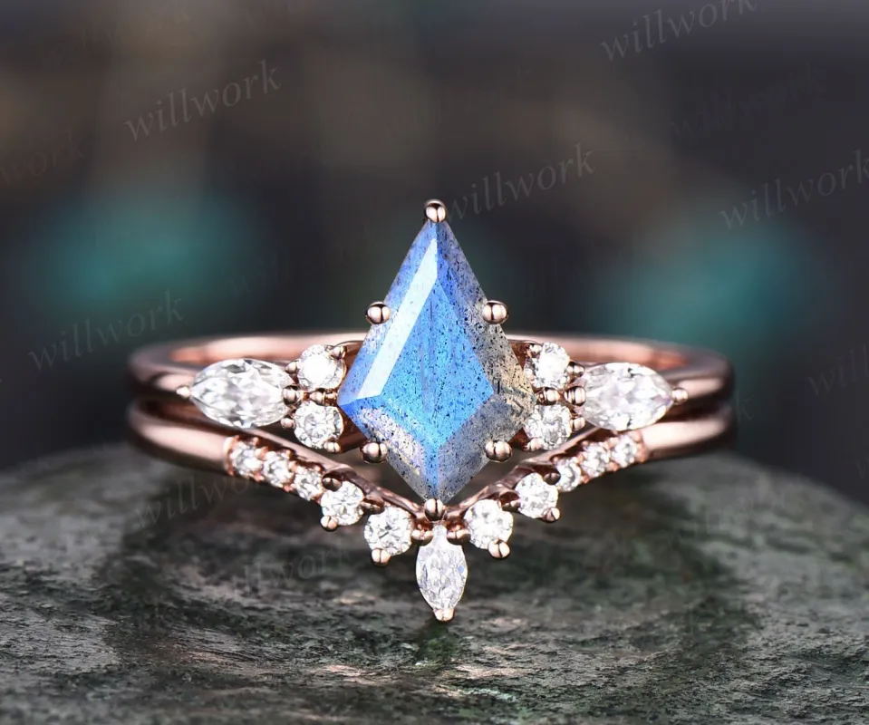 Vintage kite cut blue Labradorite engagement ring set 14k rose gold marquise cut diamond ring for women unique bridal wedding ring set gifts sold by Willwork Jewelry