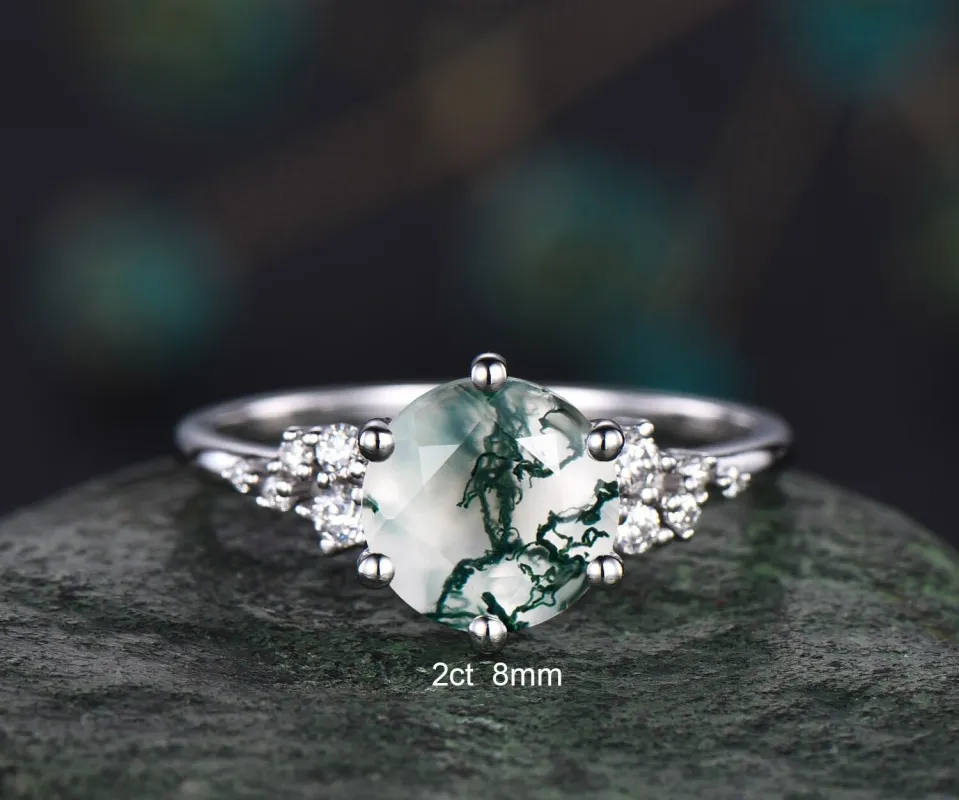 2ct Round moss agate ring vintage moss agate engagement ring white gold cluster unique snowdrift engagement ring diamond ring for women gift sold by Willwork Jewelry