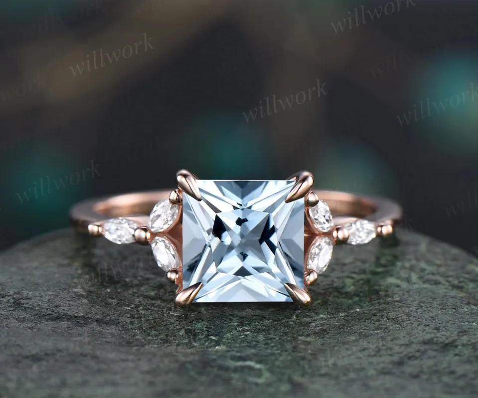 2ct Princess cut aquamarine aquamarine engagement ring rose gold unique cluster engagement ring art deco diamond promise wedding ring women sold by Willwork Jewelry
