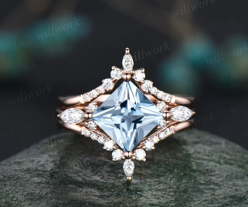 Vintage princess cut aquamarine engagement ring set rose gold unique engagement ring art deco moissanite promise wedding ring set for women sold by Willwork Jewelry