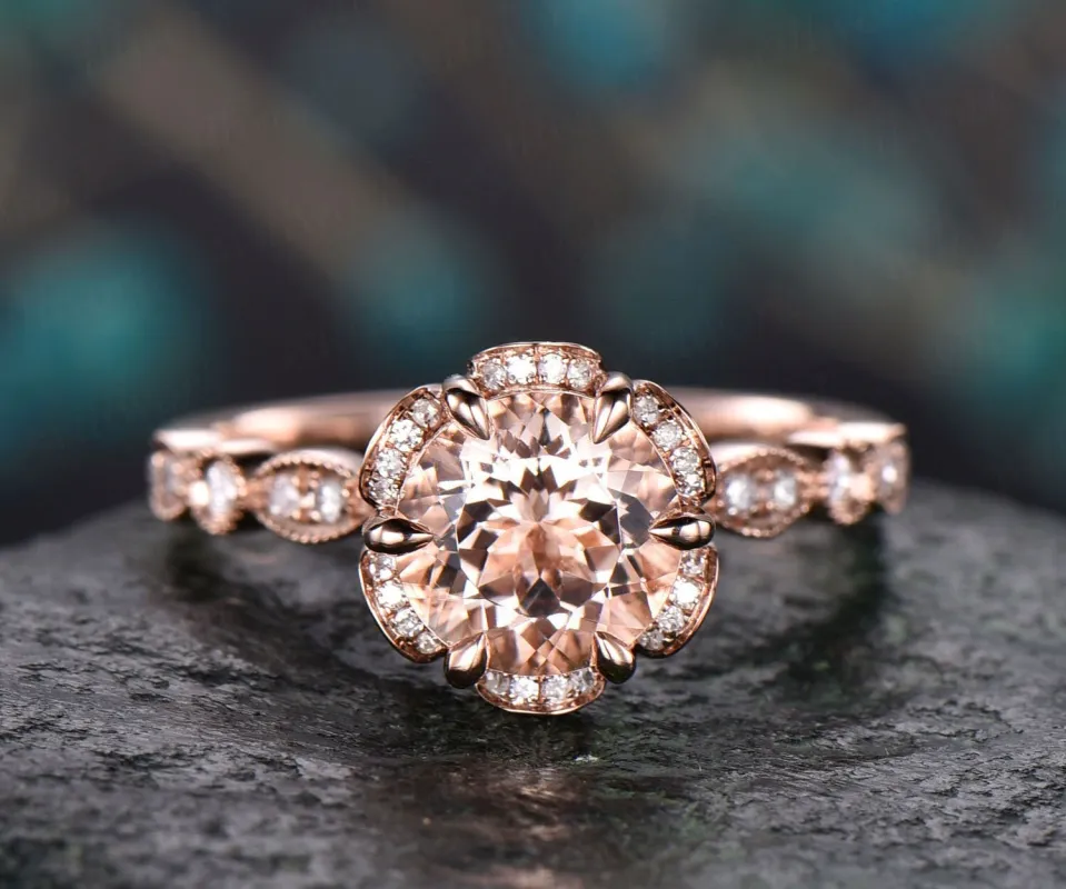 Vintage round cut morganite engagement ring  14k rose gold double under halo diamond ring half eternity art deco unique wedding ring women made by Willwork Jewelry