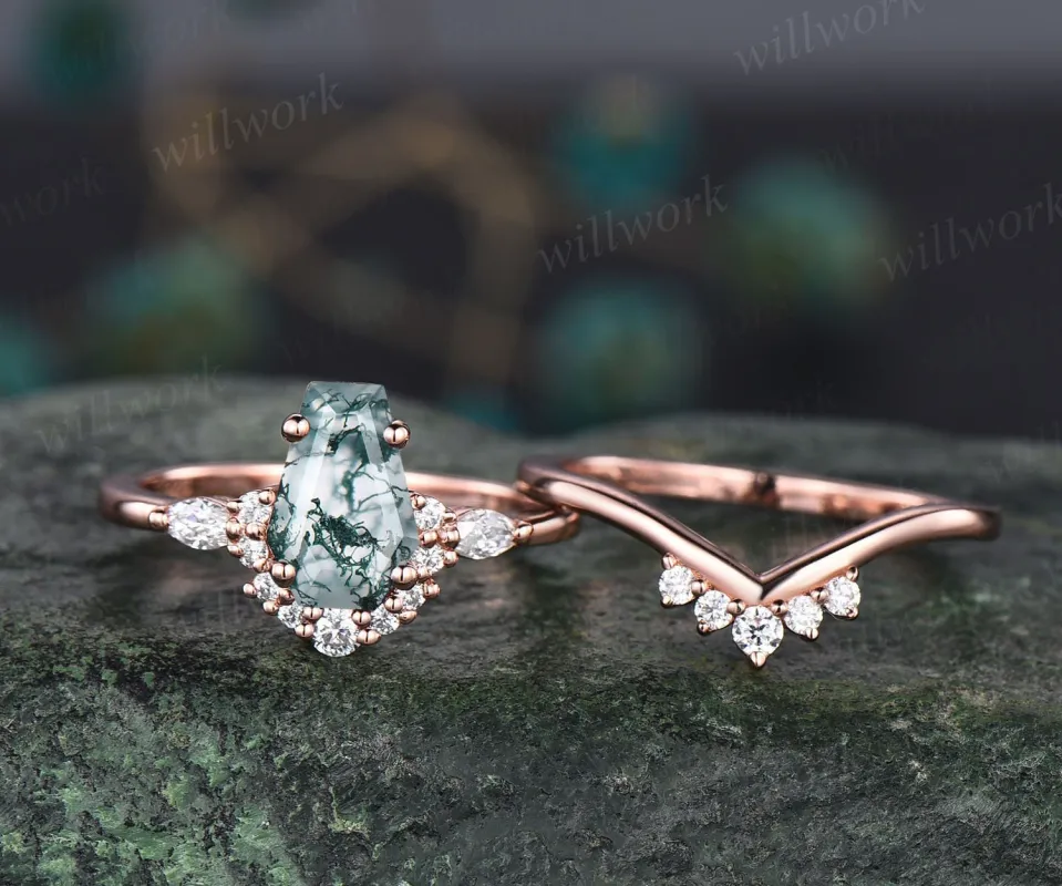 Vintage Coffin shaped green moss agate engagement ring 14k rose gold silver art deco diamond promise anniversary wedding ring set women gift sold by Willwork Jewelry