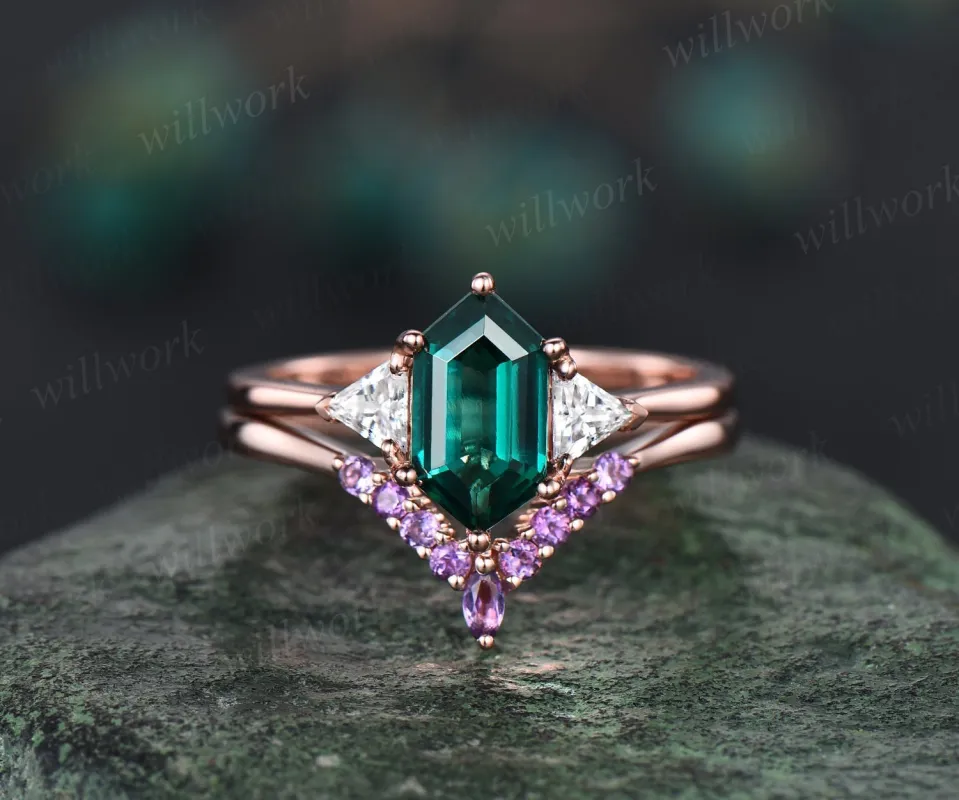 Amethyst emerald ring set women vintage three stone engagement ring set solid 14k rose gold 6 prong moissanite promise ring set her gifts made by Willwork Jewelry