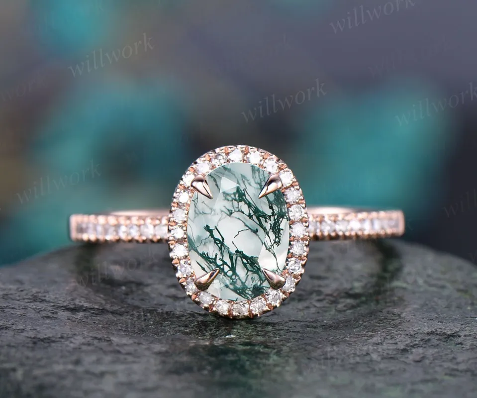Diamond halo engagement ring vintage oval cut moss agate engagement ring for women 14k rose gold dainty bridal promise ring fine  jewelry sold by Willwork Jewelry