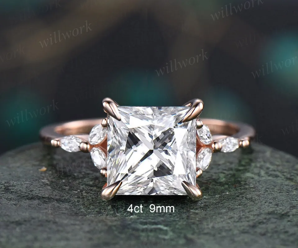 4ct moissanite ring unique princess cut moissanite engagement ring 14k rose gold flower art deco diamond ring women wedding promise ring sold by Willwork Jewelry