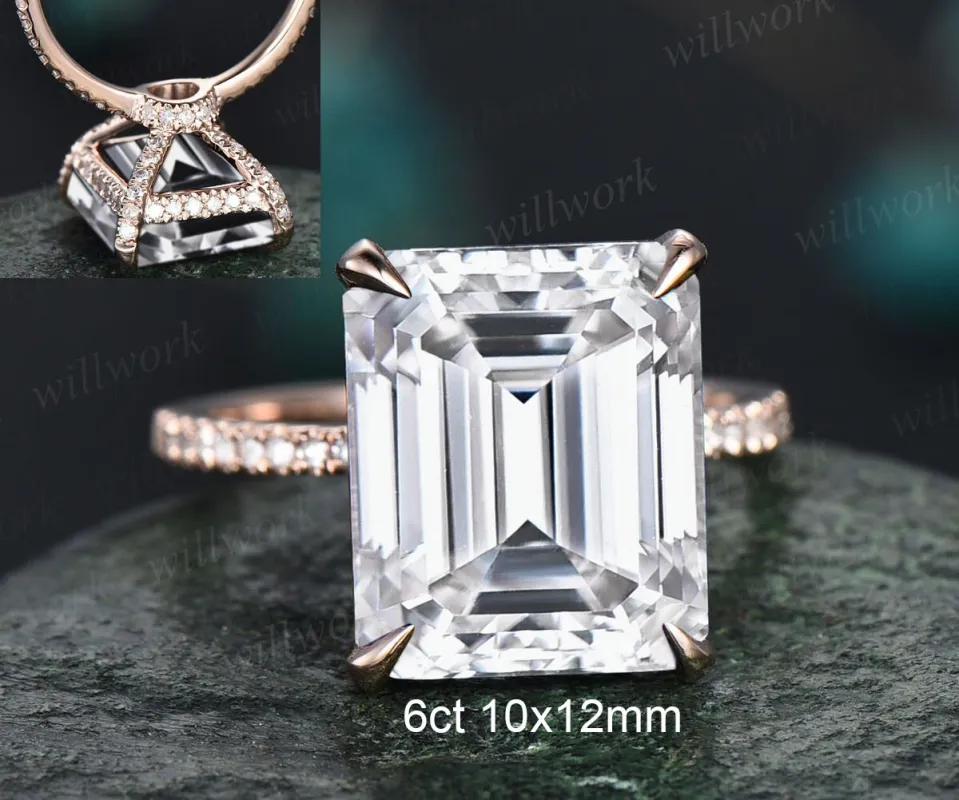 6ct 10x12mm emerald cut moissanite engagement ring 14k rose gold under halo basket diamond ring unique wedding promise ring women jewelry made by Willwork Jewelry