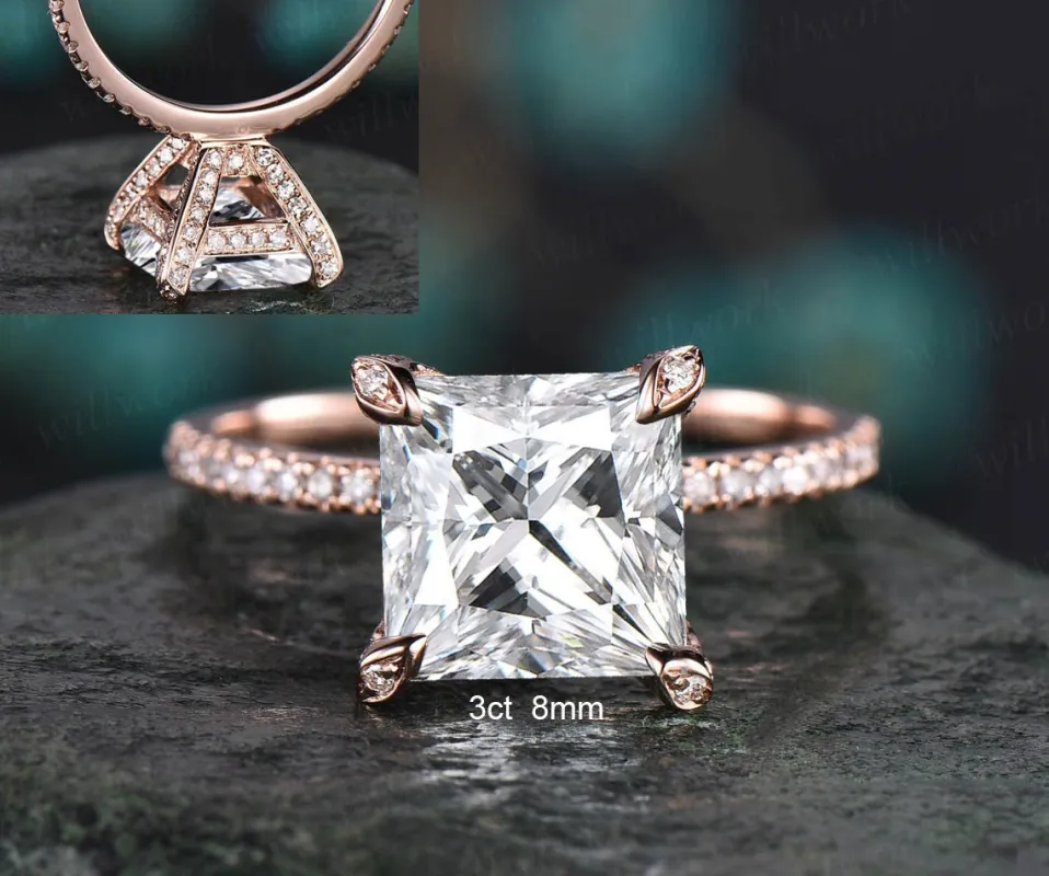4ct moissanite ring vintage princess cut moissanite engagement ring 14k rose gold unique pyramid under halo basket diamond ring women her sold by Willwork Jewelry