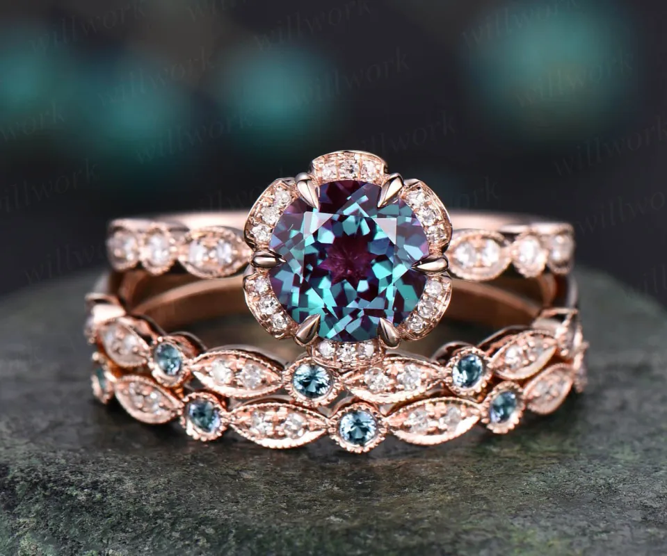Round Alexandrite wedding set vintage Alexandrite engagement ring set 14k rose gold flower double halo diamond ring unique promise ring set made by Willwork Jewelry