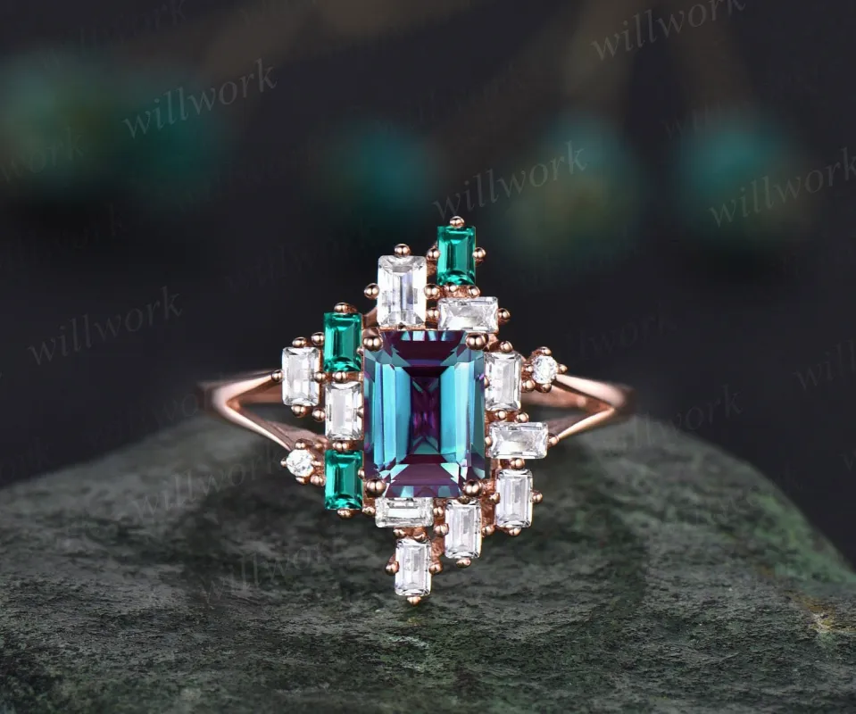 Vintage emerald cut Alexandrite engagement ring 14k rose gold baguette cut emerald ring women cluster moissanite wedding anniversary ring sold by Willwork Jewelry