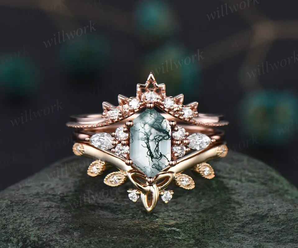 Green moss agate ring set vintage Long hexagon cut moss agate engagement ring set diamond ring rose gold unique anniversary ring set women sold by Willwork Jewelry