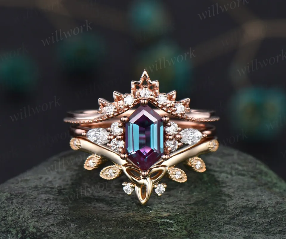 Alexandrite ring gold unique Long hexagon cut Alexandrite engagement ring set art deco diamond ring bridal wedding ring set women jewelry sold by Willwork Jewelry