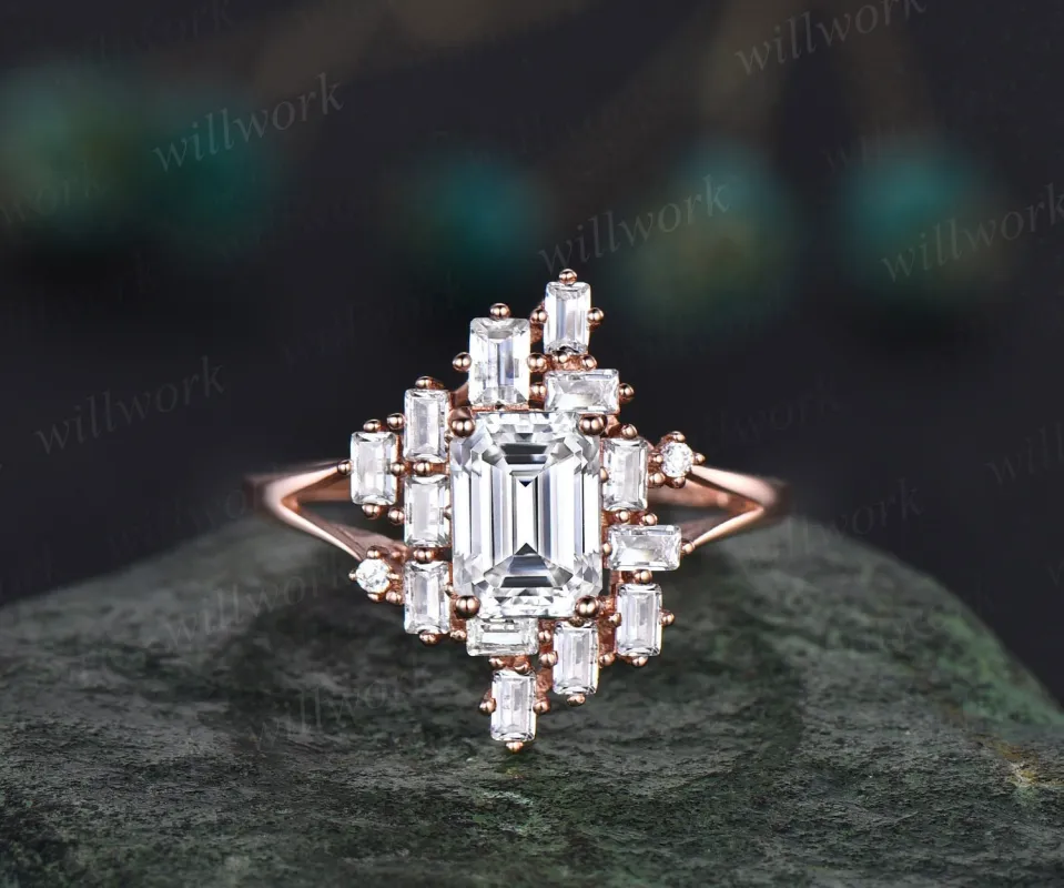 Moissanite ring gold vintage Emerald cut moissanite engagement ring unique cluster baguette cut engagement ring split shank wedding ring sold by Willwork Jewelry