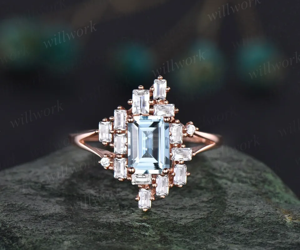 Aquamarine ring Emerald cut aquamarine engagement ring unique cluster split shank engagement ring vintage baguette cut diamond ring women sold by Willwork Jewelry