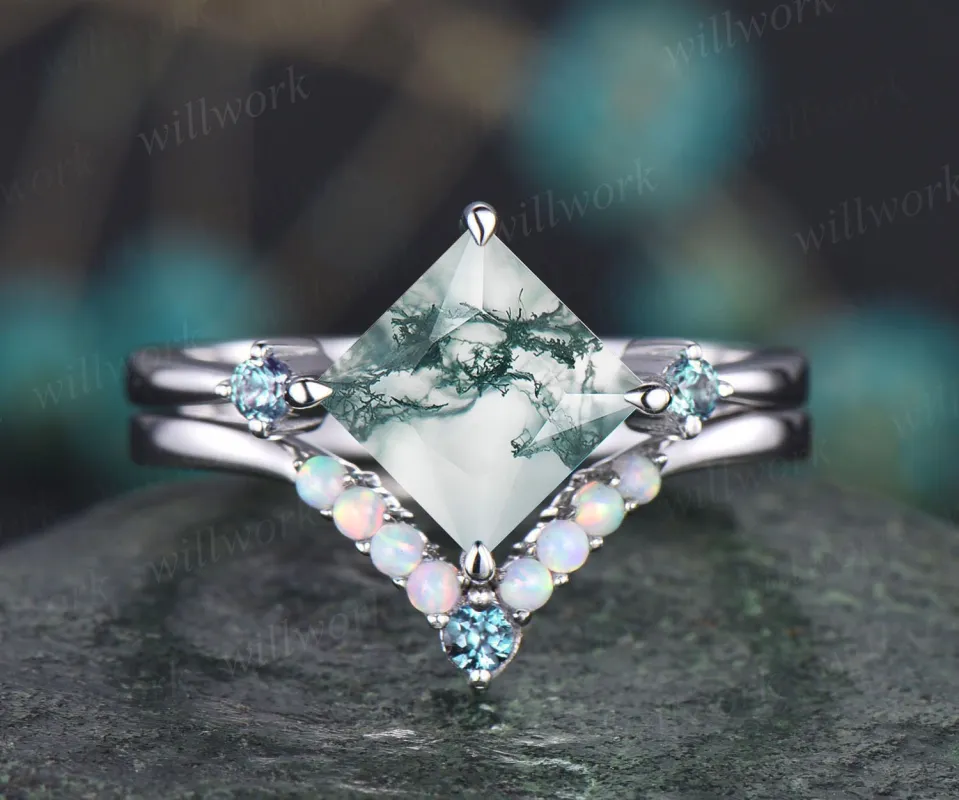 Princess cut green moss agate engagement ring set white gold opal ring vintage alexandrite ring women anniversary promise wedding ring gifts sold by Willwork Jewelry