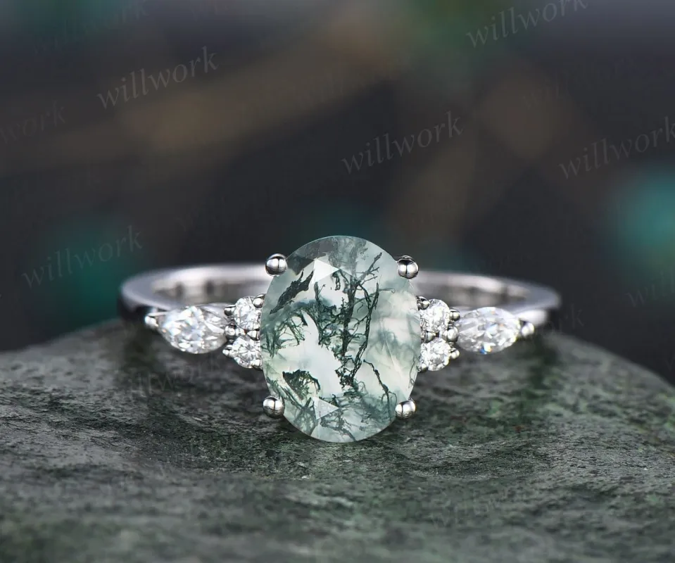 2ct Moss agate ring Oval cut green moss agate engagement ring white gold marquise engagement ring women diamond ring vintage promise ring sold by Willwork Jewelry