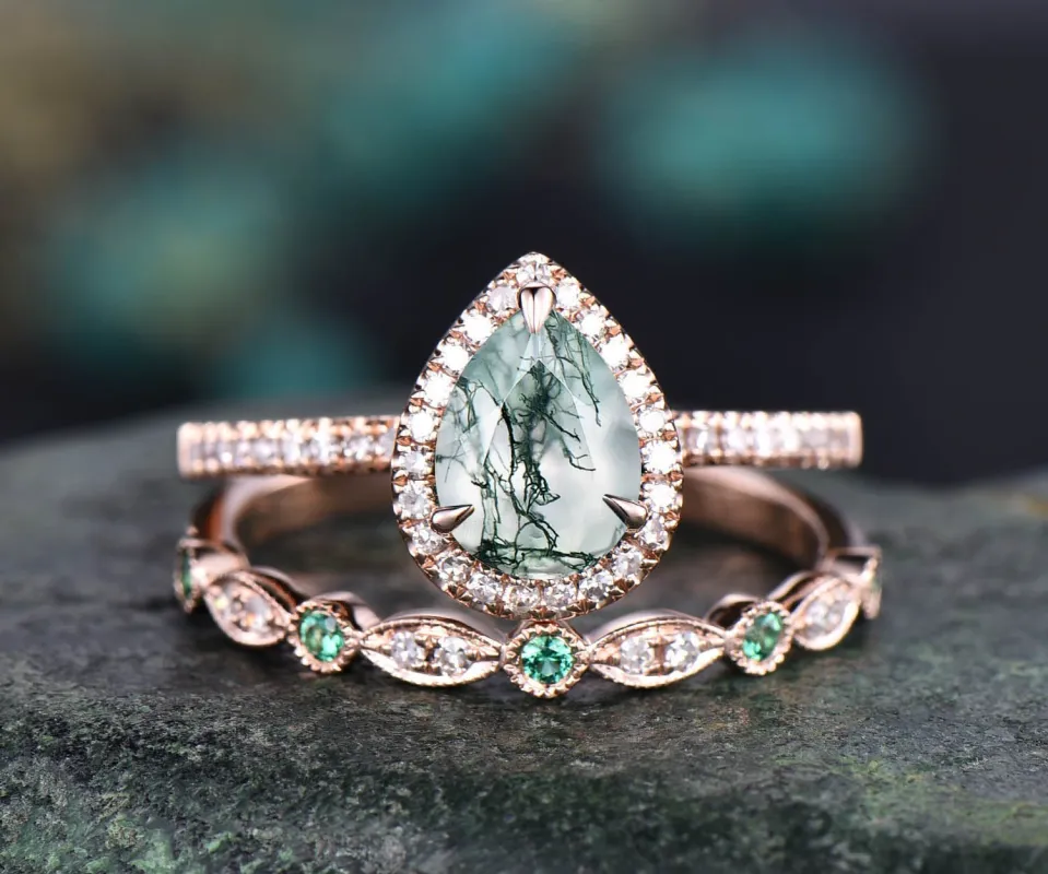 Moss agate ring set pear shaped moss agate engagement ring set rose gold halo diamond natural emerald ring women unique wedding ring set sold by Willwork Jewelry