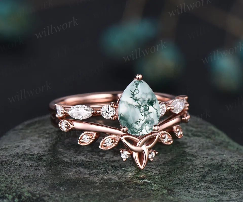Vintage pear shaped moss agate engagement ring set rose gold art deco unique engagement ring marquise cut diamond ring bridal ring set women sold by Willwork Jewelry