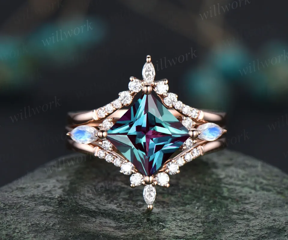 Princess cut Alexandrite engagement ring set 14k rose gold art deco moonstone ring unique engagement ring moissanite wedding ring set women sold by Willwork Jewelry