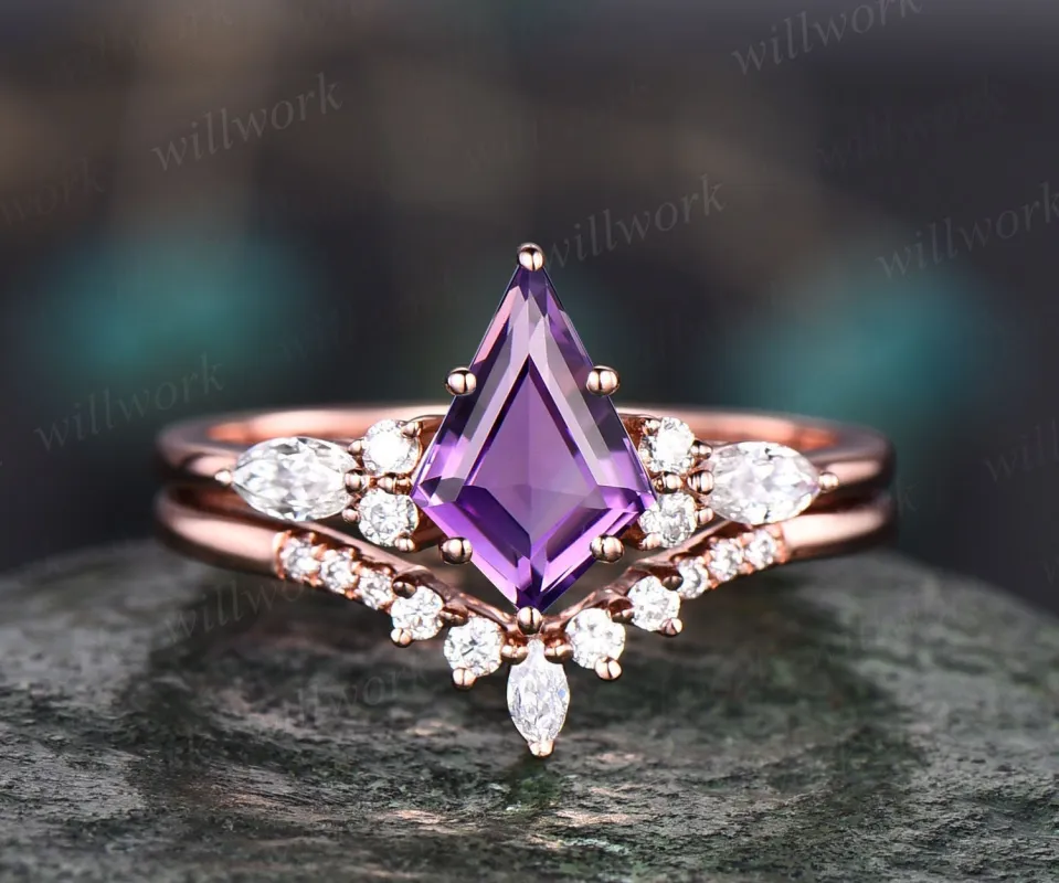 Vintage kite cut purple amethyst ring unique amethyst engagement ring set rose gold marquise cut diamond ring set bridal wedding ring set made by Willwork Jewelry