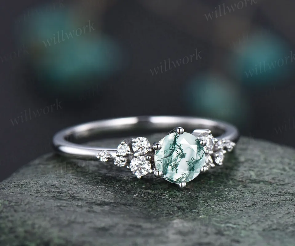 Moss agate ring green moss agate ring engagement ring white gold unique snowdrift engagement ring dainty diamond wedding ring women gifts sold by Willwork Jewelry