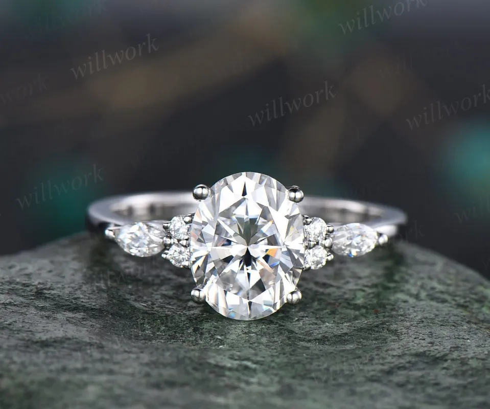 Moissanite ring 2ct oval moissanite engagement ring art deco unique white gold engagement ring marquise cut diamond ring wedding ring women sold by Willwork Jewelry