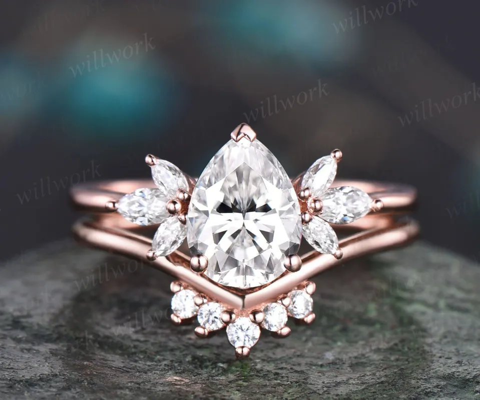 Moissanite ring set Pear shaped Moissanite engagement ring set art deco cluster unique rose gold engagement ring women bridal promise ring made by Willwork Jewelry