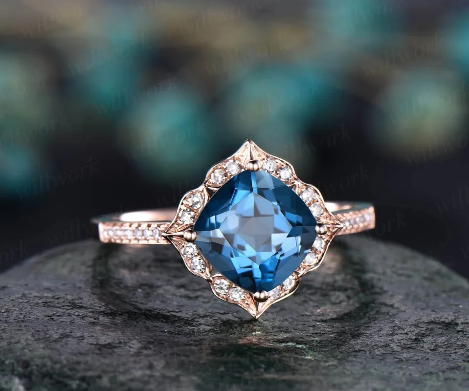 Cushion cut London blue topaz ring vintage London blue topaz engagement ring rose gold flower halo engagement ring diamond anniversary ring made by Willwork Jewelry