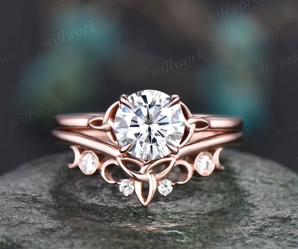 Round cut moissanite ring vintage moissanite engagement ring set rose gold silver unique solitaire engagement ring Norse Viking ring Jewelry sold by Willwork Jewelry
