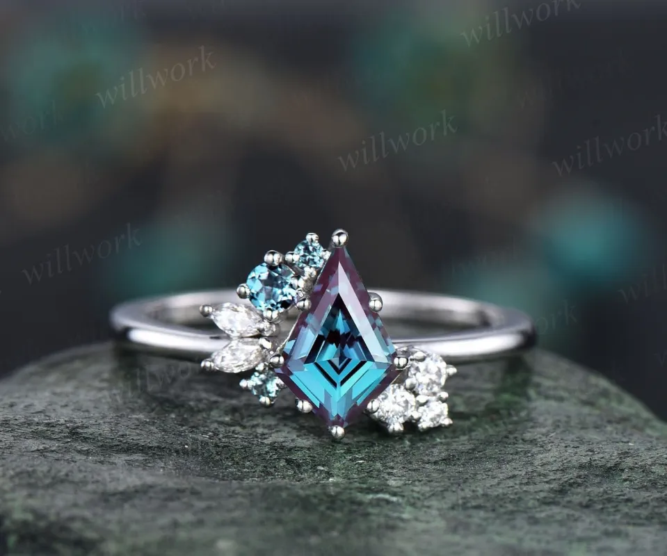 Kite cut alexandrite ring vintage alexandrite engagement ring white gold unique cluster alexandrite engagement ring diamond ring women gifts sold by Willwork Jewelry