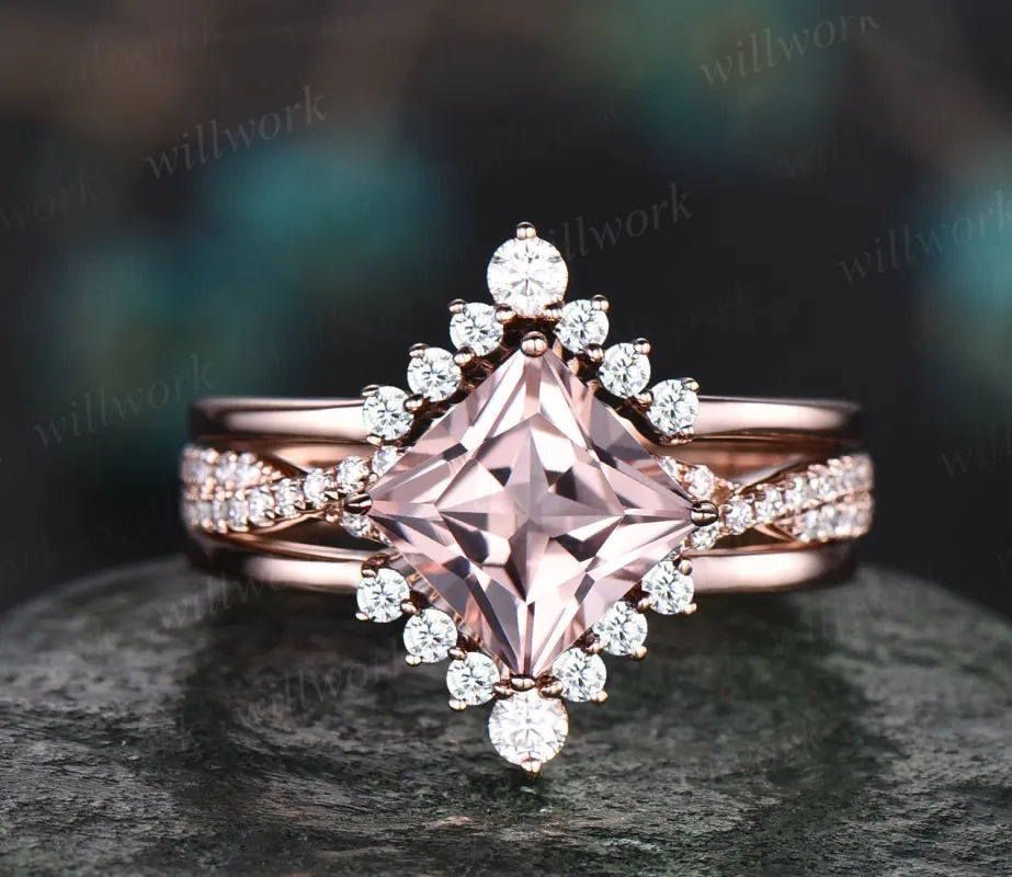 Morganite ring vintage princess cut morganite engagement ring set rose gold unique engagement ring twisted diamond bridal ring set women made by Willwork Jewelry
