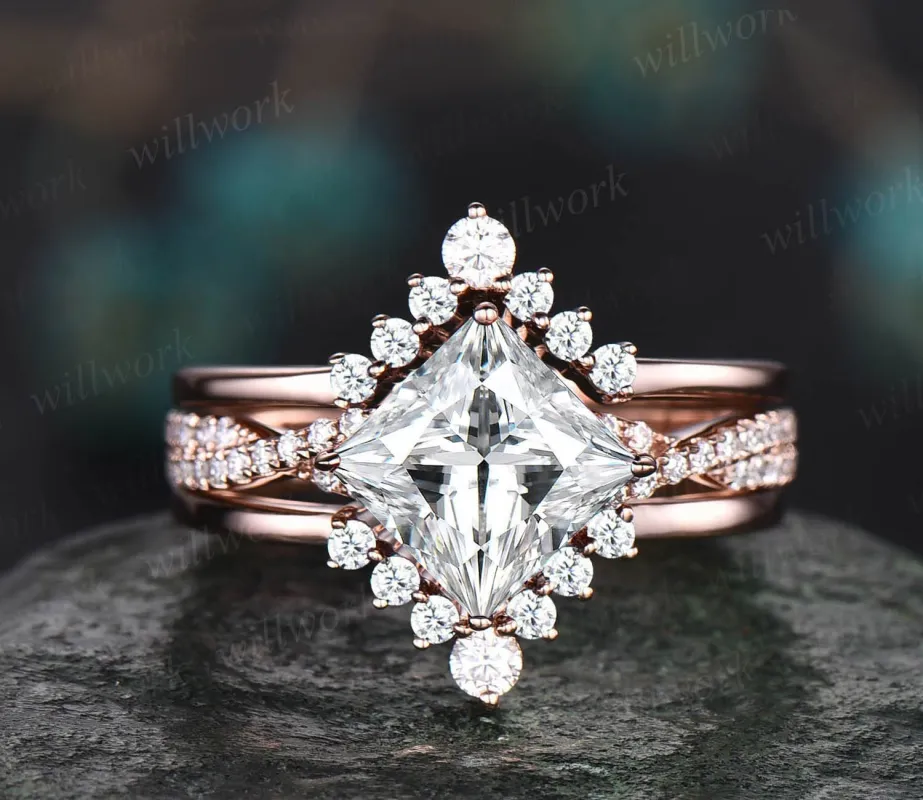 Moissanite ring vintage princess cut moissanite engagement ring set rose gold unique engagement ring twisted diamond wedding ring set women sold by Willwork Jewelry