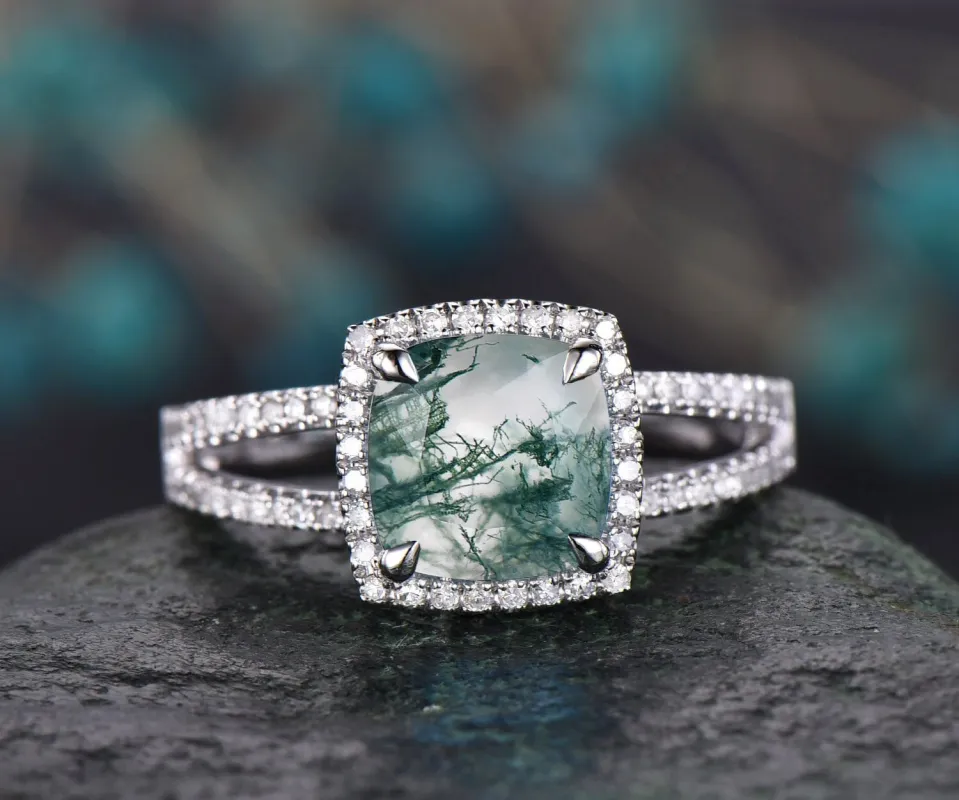 Moss agate ring vintage green moss agate engagement ring white gold unique cushion cut engagement ring halo split shank diamond ring women sold by Willwork Jewelry