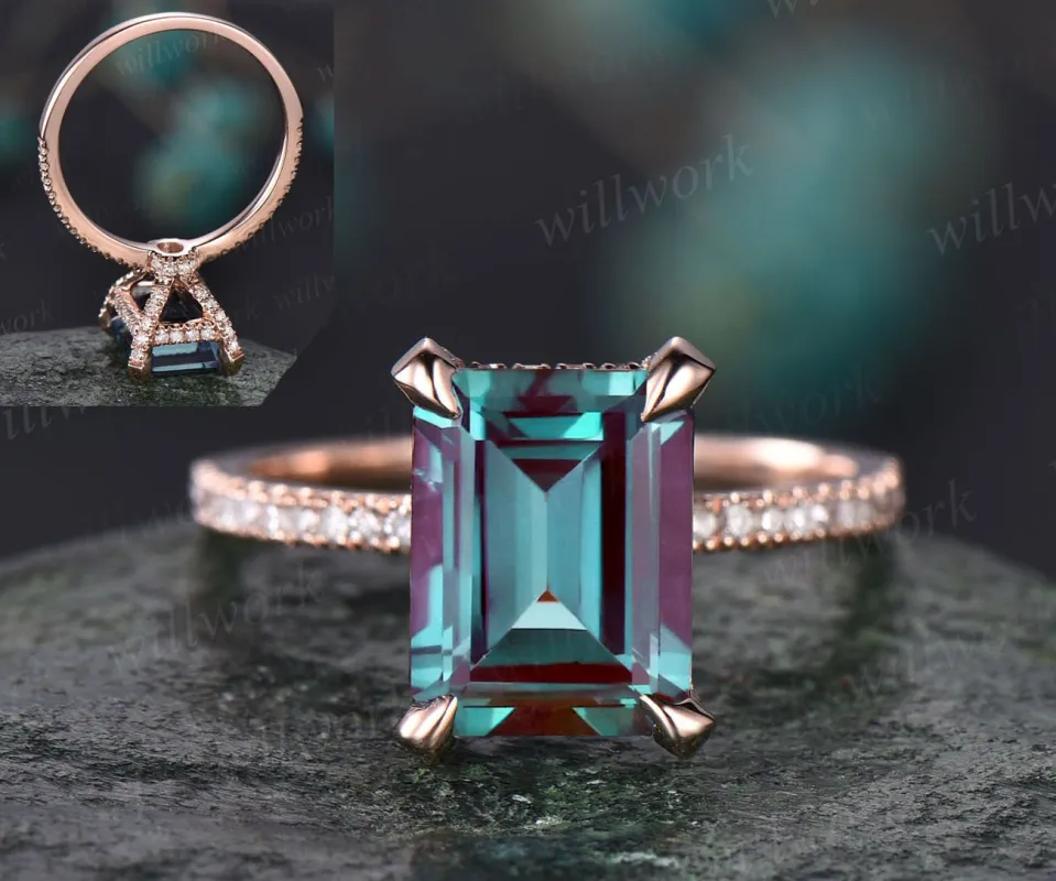 Emerald cut Alexandrite engagement ring under halo basket diamond ring for women rose gold vintage unique engagement ring wedding ring gift sold by Willwork Jewelry