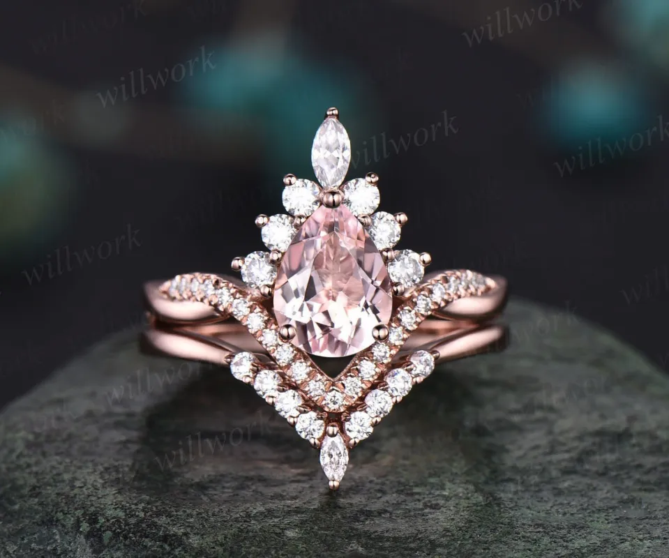 Morganite ring set vintage rose gold pear shaped pink morganite engagement ring set halo unique engagement ring twisted wedding ring women made by Willwork Jewelry