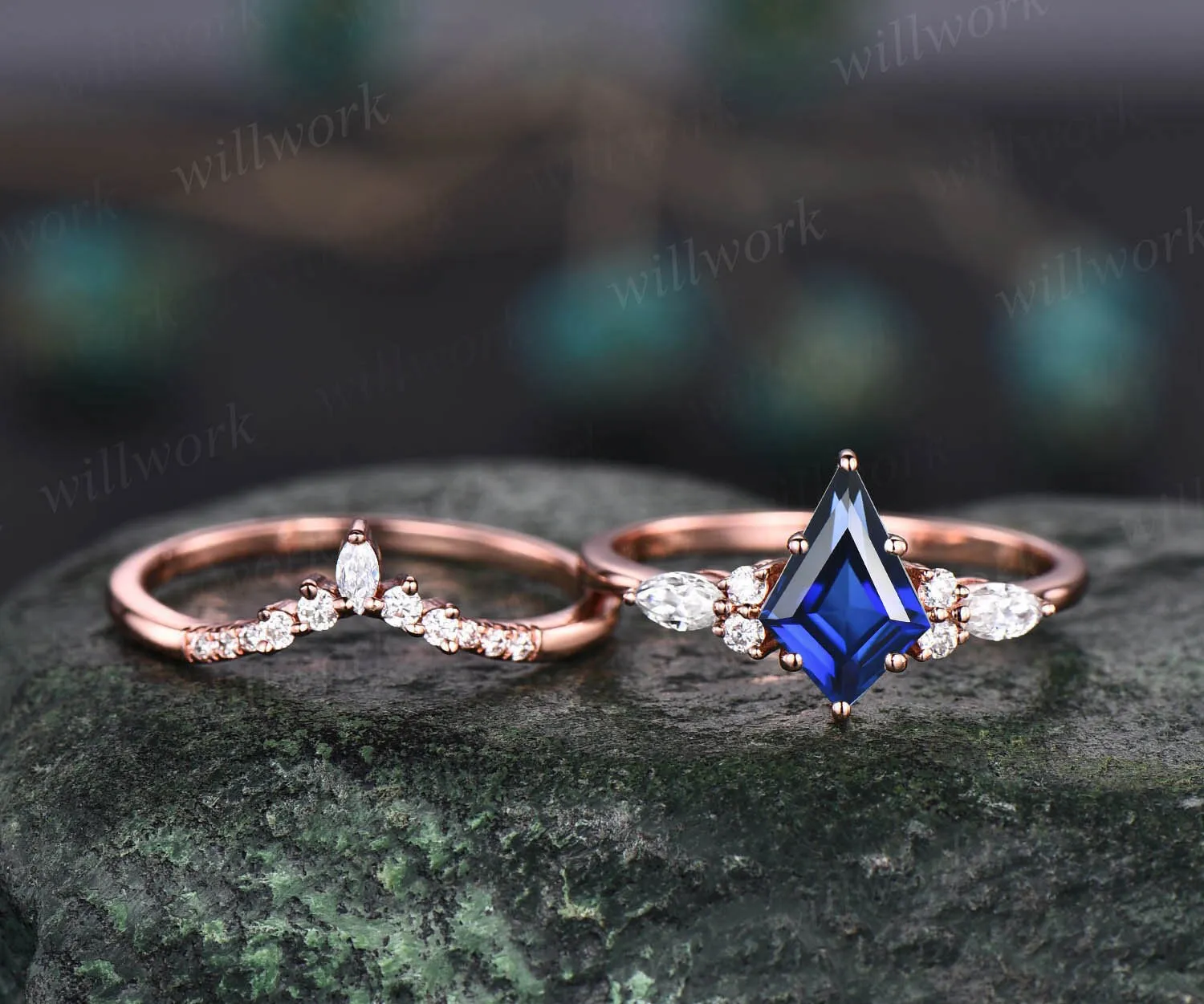 Vintage kite cut blue sapphire ring unique engagement ring set 14k rose gold marquise cut diamond ring women promise bridal wedding ring set sold by Willwork Jewelry product image thumbnail 3