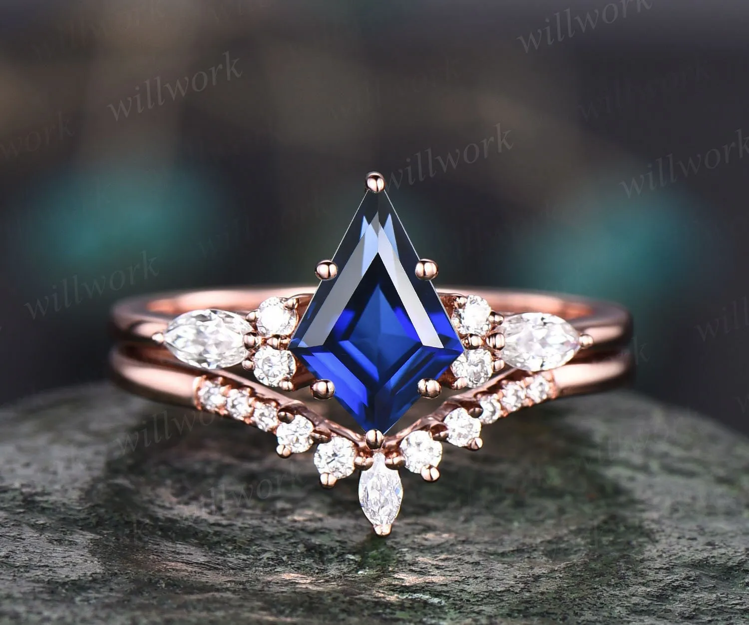 Vintage kite cut blue sapphire ring unique engagement ring set 14k rose gold marquise cut diamond ring women promise bridal wedding ring set sold by Willwork Jewelry