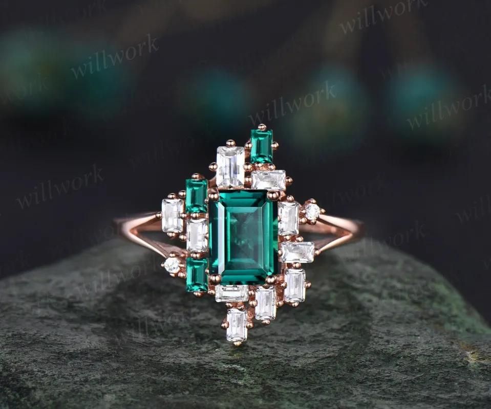Unique Emerald cut green emerald engagement ring rose gold baguette cut split shank engagement ring women cluster moissanite promise ring made by Willwork Jewelry