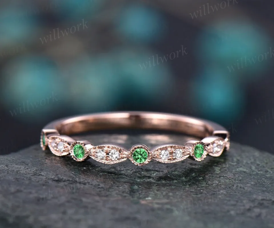 Natural tsavorite wedding band Milgrain diamond wedding ring 14k rose gold half eternity art deco matching stacking anniversary ring gifts made by Willwork Jewelry