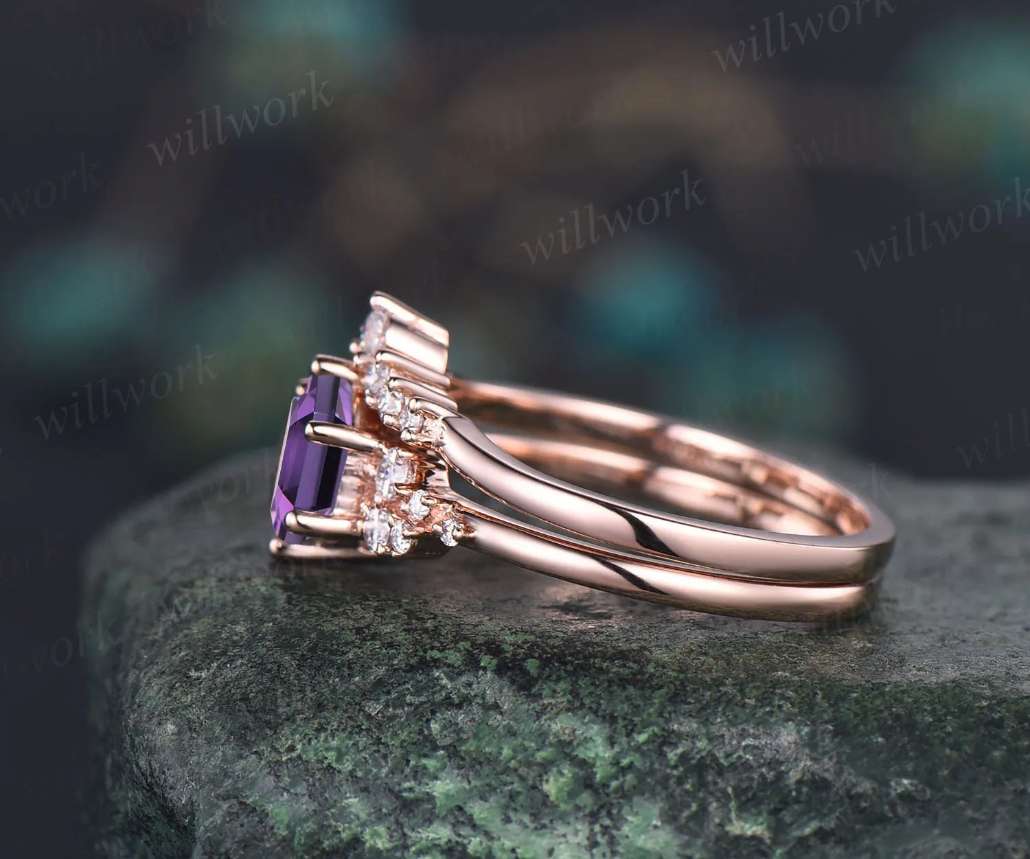 Amethyst ring vintage Hexagon cut purple Amethyst engagement ring set rose gold unique snowdrift engagement ring diamond wedding ring set sold by Willwork Jewelry product image thumbnail 4