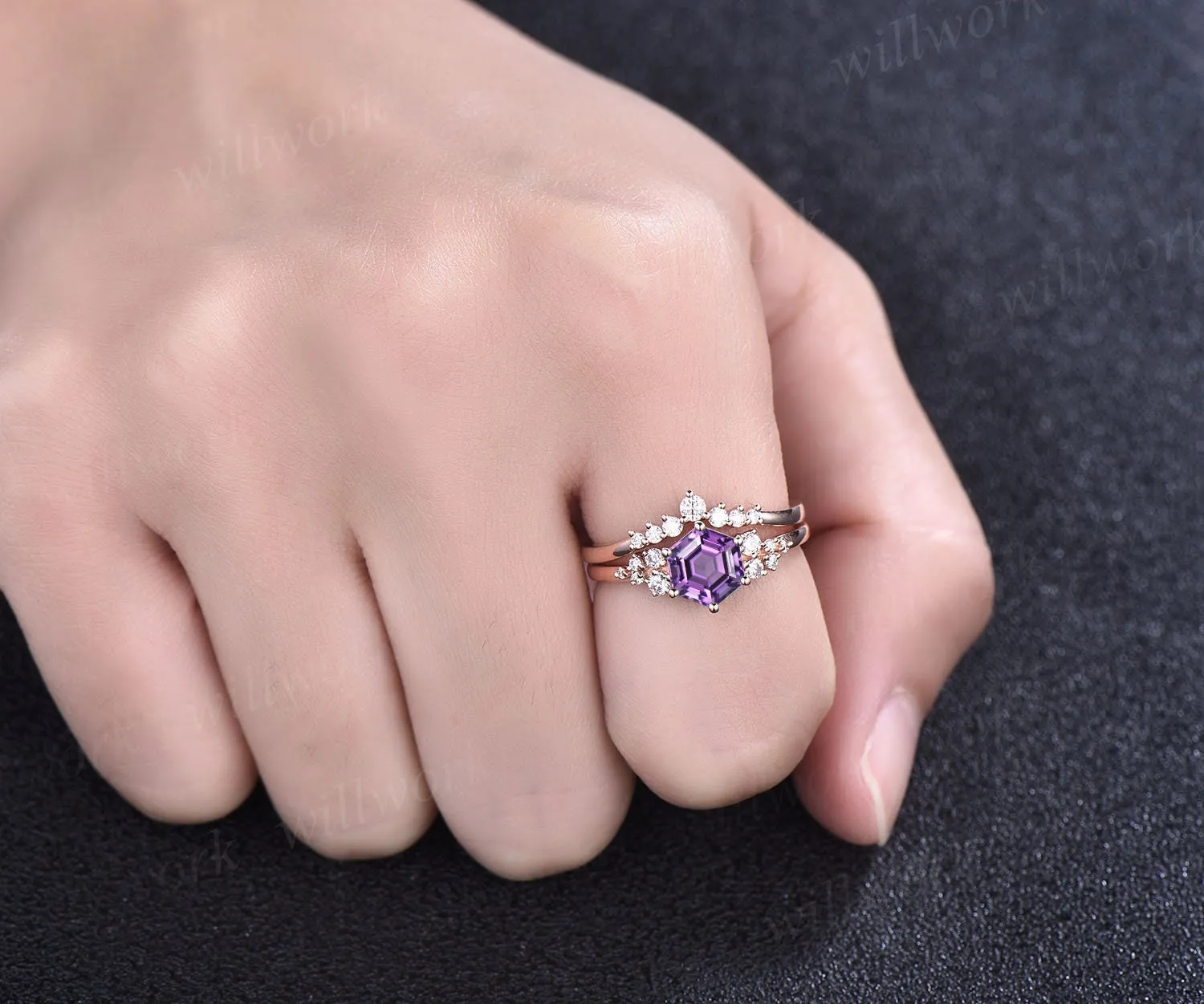 Amethyst ring vintage Hexagon cut purple Amethyst engagement ring set rose gold unique snowdrift engagement ring diamond wedding ring set sold by Willwork Jewelry product image thumbnail 2
