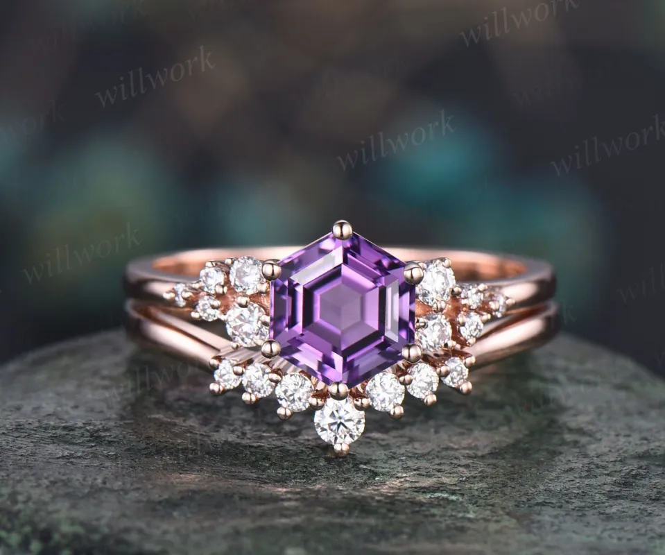 Amethyst ring vintage Hexagon cut purple Amethyst engagement ring set rose gold unique snowdrift engagement ring diamond wedding ring set sold by Willwork Jewelry