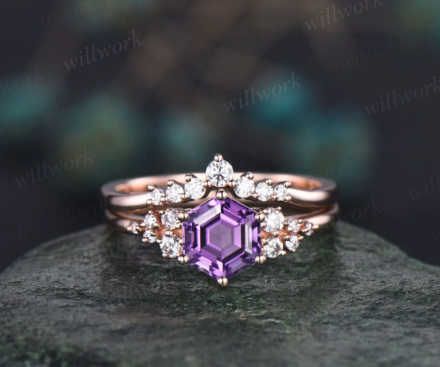 Amethyst ring vintage Hexagon cut purple Amethyst engagement ring set rose gold unique snowdrift engagement ring diamond wedding ring set sold by Willwork Jewelry product image thumbnail 3