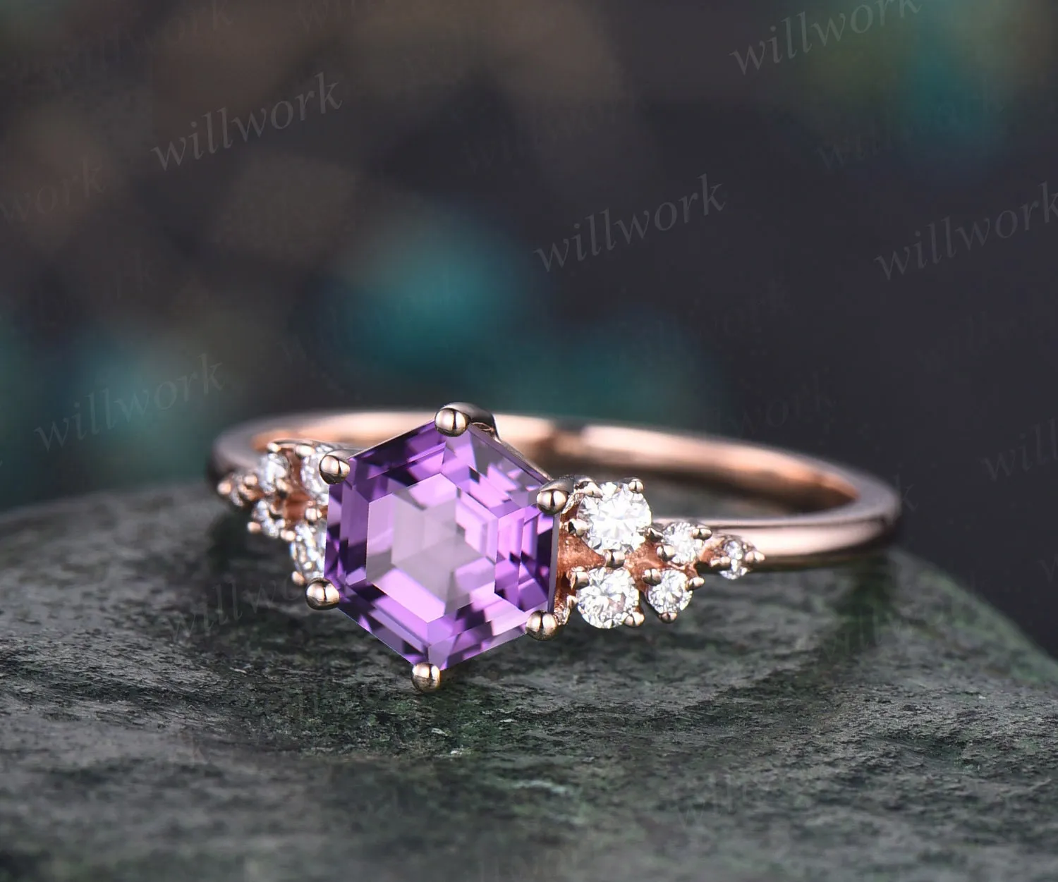 Amethyst ring vintage Hexagon cut purple Amethyst engagement ring set rose gold unique snowdrift engagement ring diamond wedding ring set sold by Willwork Jewelry product image thumbnail 5