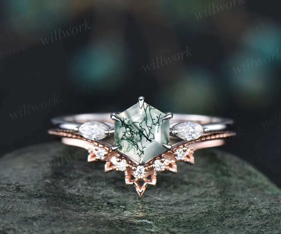 Vintage hexagon cut green moss agate engagement ring set rose gold three stone unique engagement ring art deco moissanite wedding ring women sold by Willwork Jewelry