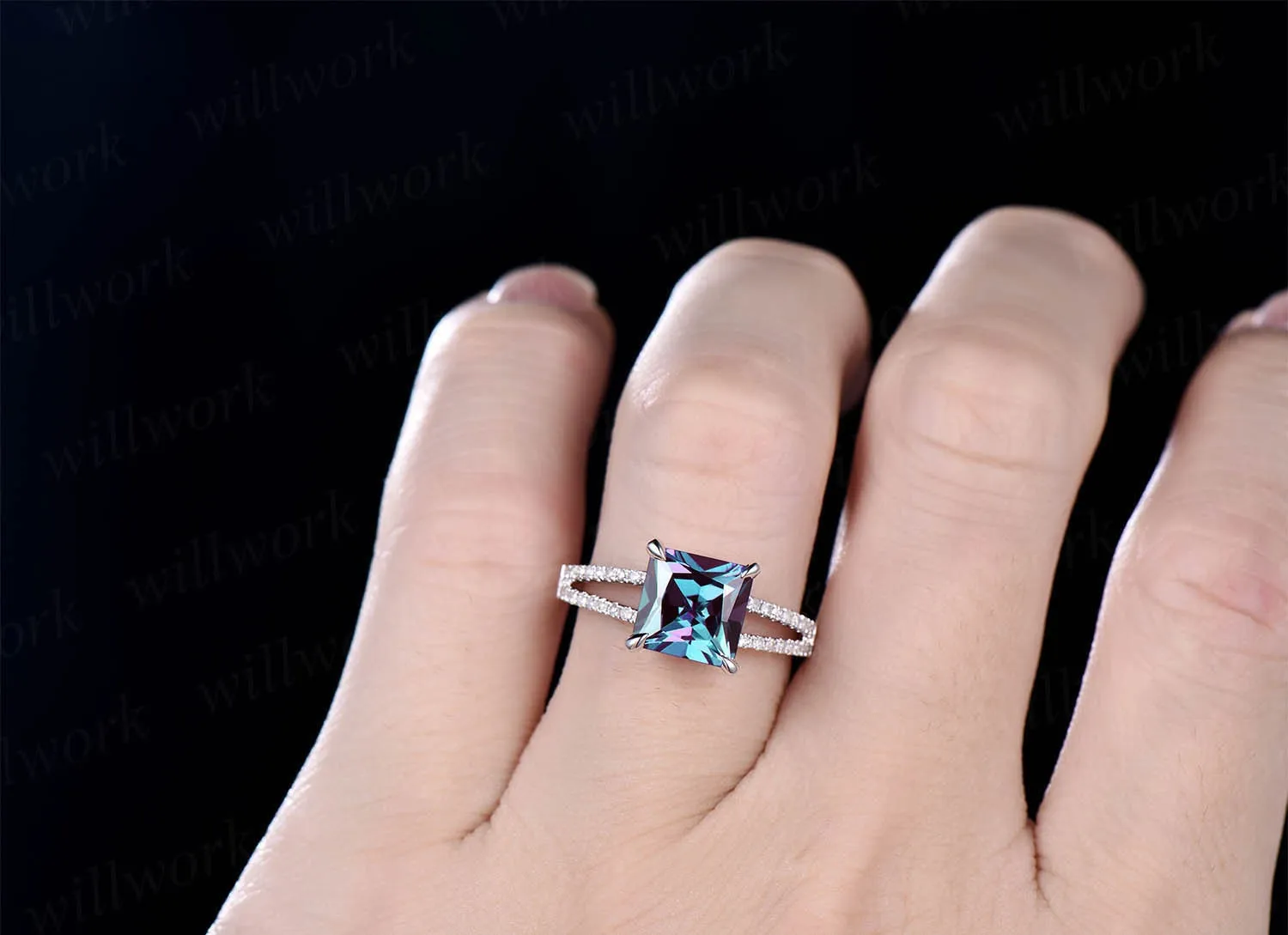 Alexandrite ring vintage Alexandrite engagement ring rose gold unique princess cut engagement ring split shank diamond wedding ring women sold by Willwork Jewelry product image thumbnail 5