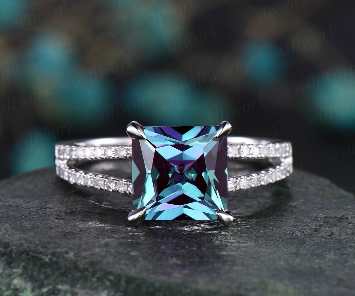 Alexandrite ring vintage Alexandrite engagement ring rose gold unique princess cut engagement ring split shank diamond wedding ring women sold by Willwork Jewelry product image thumbnail 4