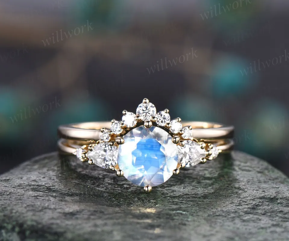 Moonstone ring set gold vintage round cut moonstone engagement ring five stone pear shaped moissanite stacking bridal wedding ring set gift sold by Willwork Jewelry