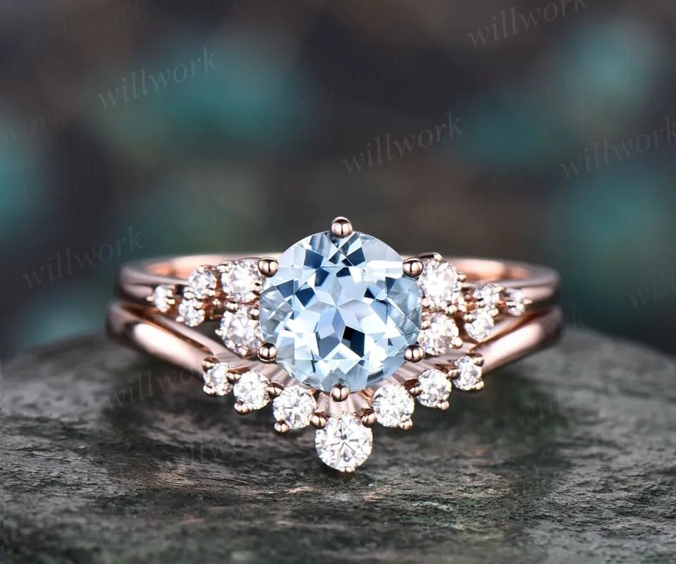 Aquamarine ring set vintage aquamarine engagement ring set unique snowdrift engagement ring rose gold cluster dainty moissanite ring women sold by Willwork Jewelry