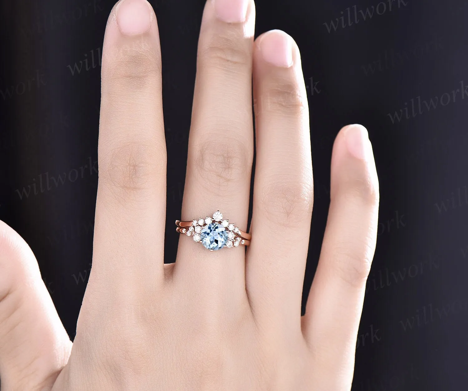 Aquamarine ring set vintage aquamarine engagement ring set unique snowdrift engagement ring rose gold cluster dainty moissanite ring women sold by Willwork Jewelry product image thumbnail 2