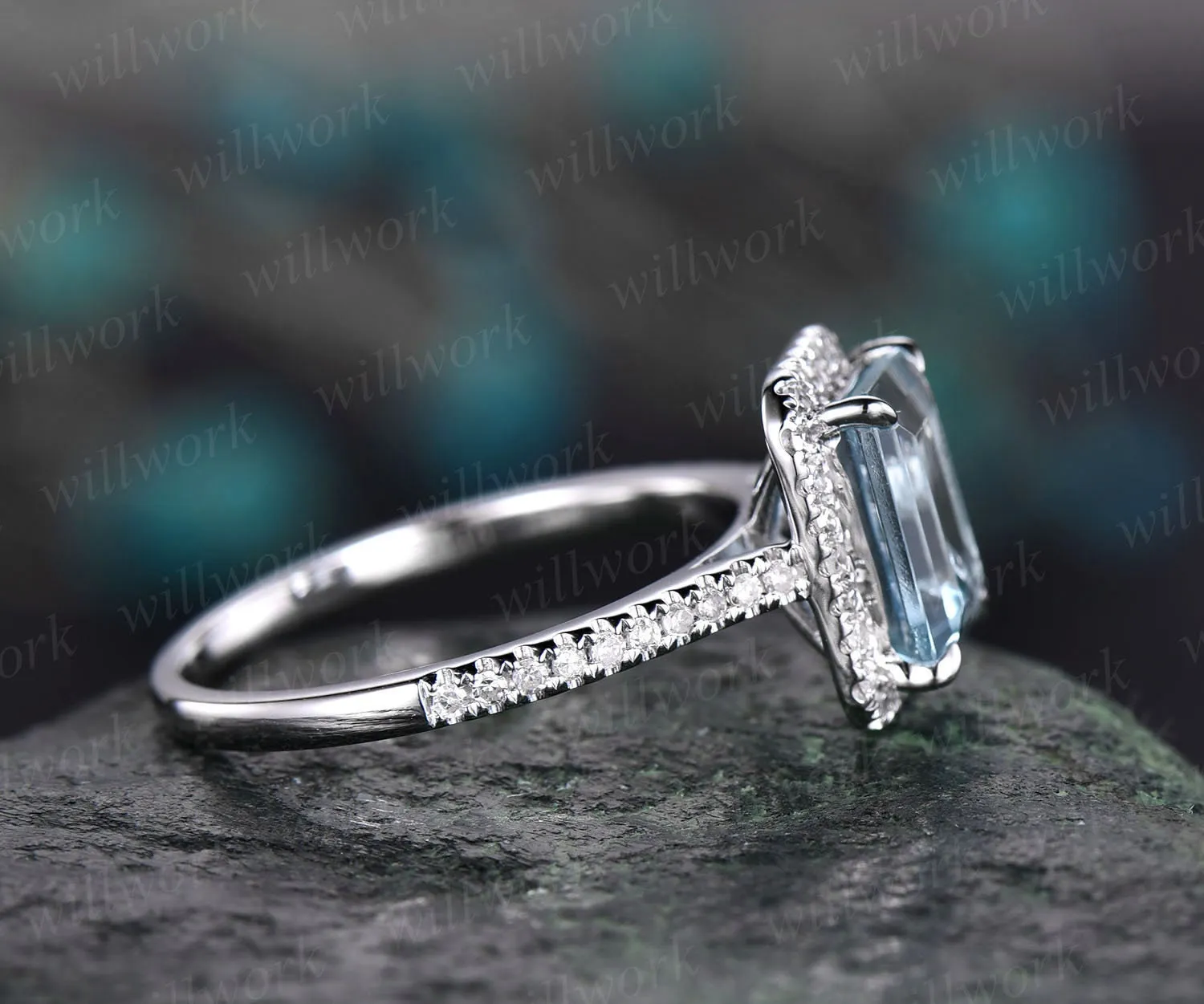 Aquamarine ring vintage unique Emerald cut aquamarine engagement ring white gold halo half eternity diamond ring for women promise ring gift sold by Willwork Jewelry product image thumbnail 4